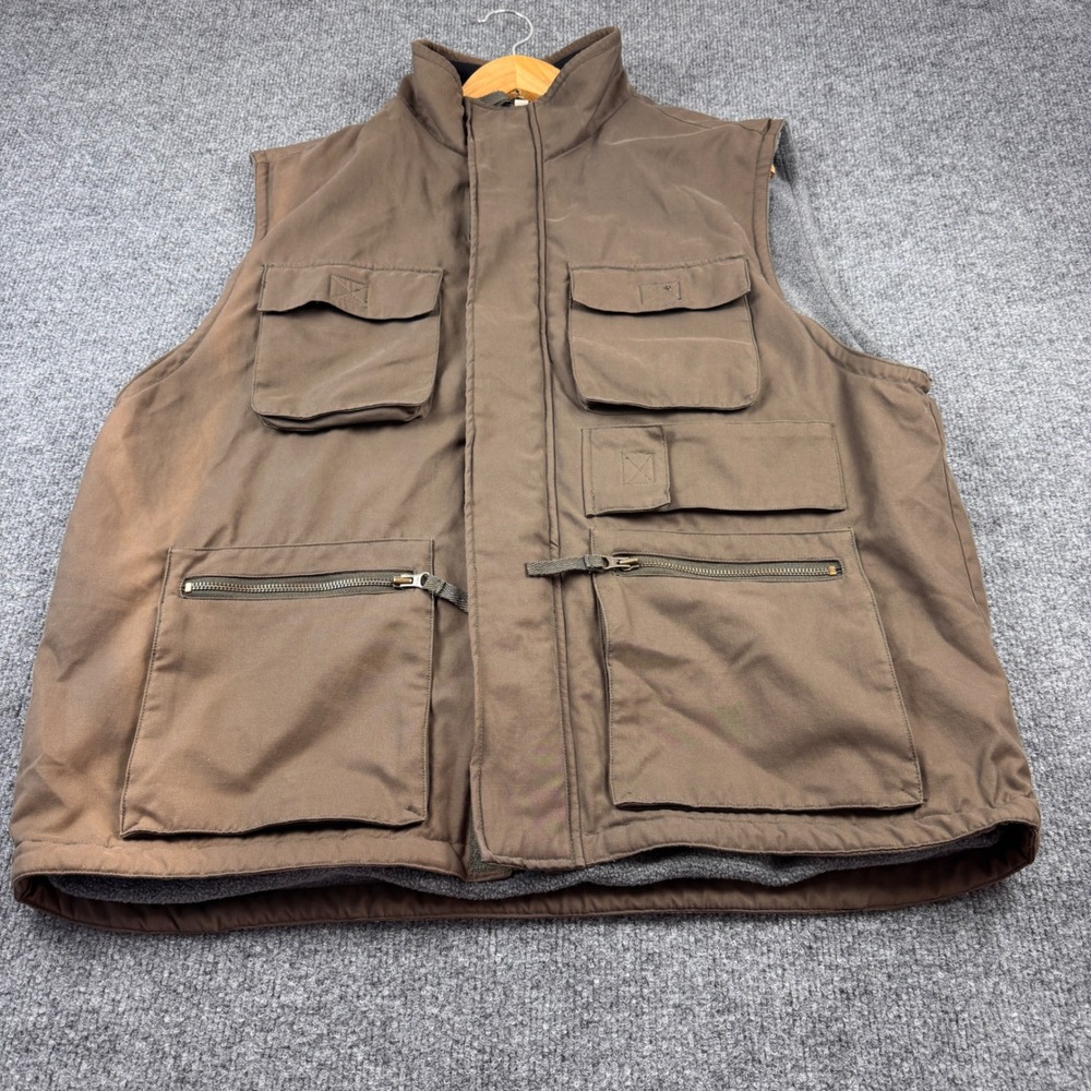 Fieldmaster Utility Vest Mens Large Brown Good Fleece Lined Multi-Pocket Safari